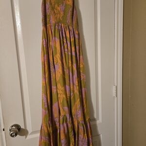 Intimately Free People Green Pink And Orange Ruffled Tiered Maxi Dress